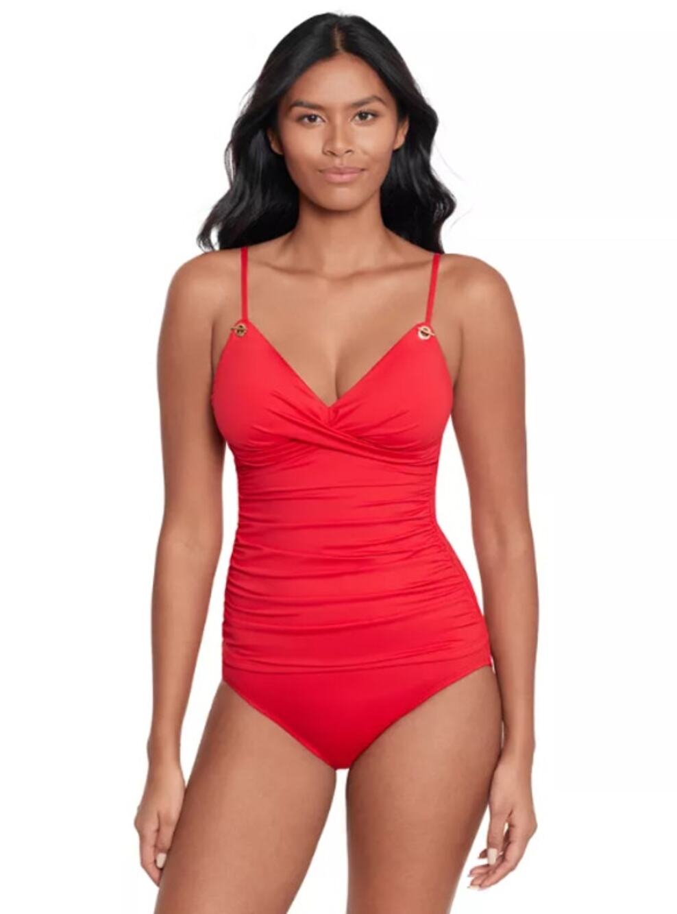 LAUREN RALPH LAUREN Womens Tankini Top Size 6 Red Toggle-Trim Swim NWOT